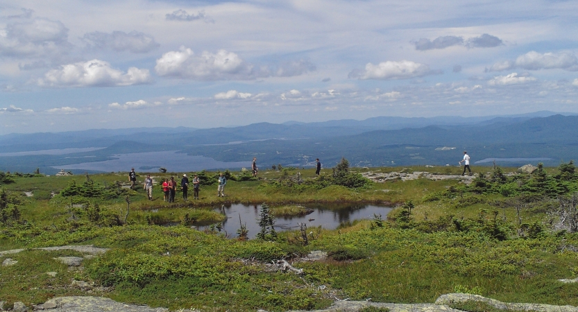 High above the terrain below, a group of people stand on a grassy overlook, near a small pond. 
